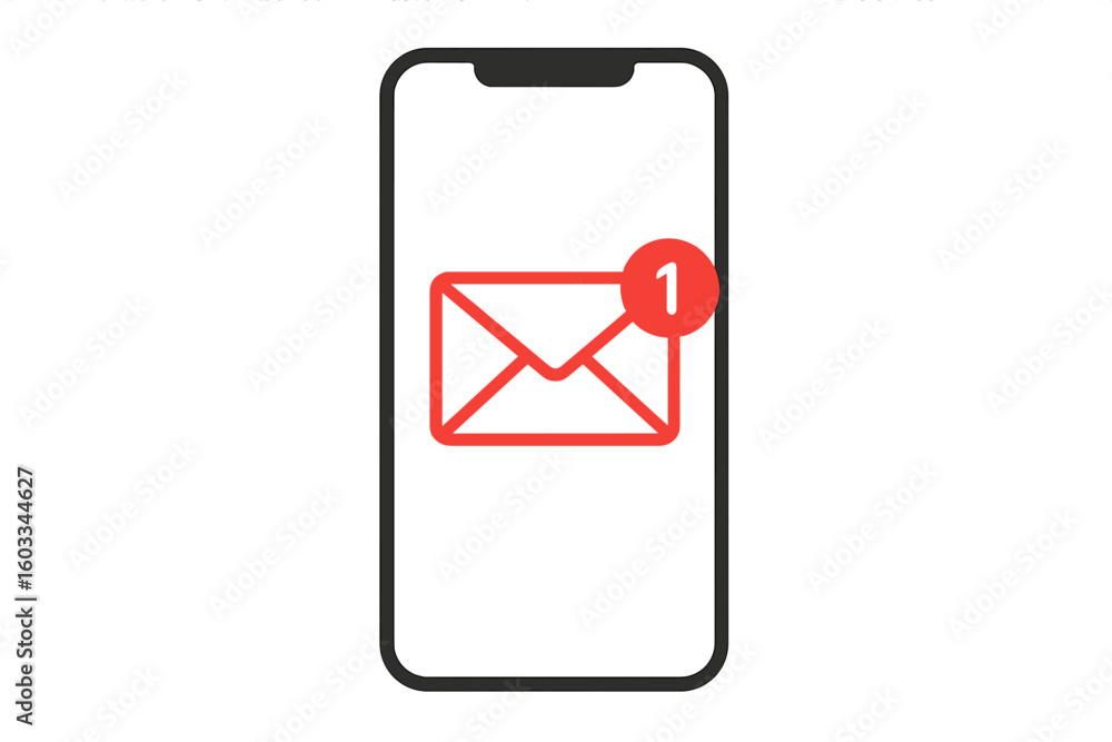 Poster new message notification on smartphone screen. unread email icon with red alert bubble. mobile phone