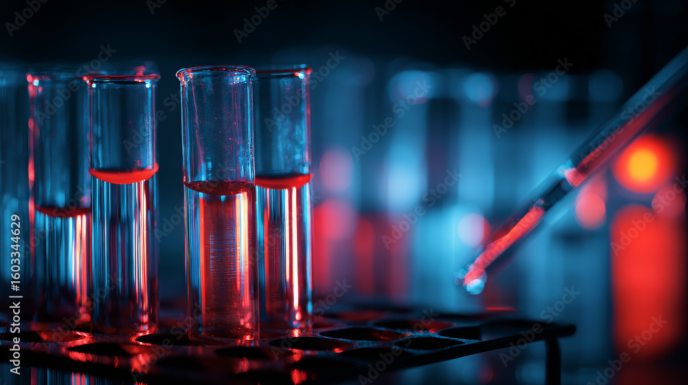 Poster macro view of test tubes and droppers in red and blue lighting illustrates lab science themes