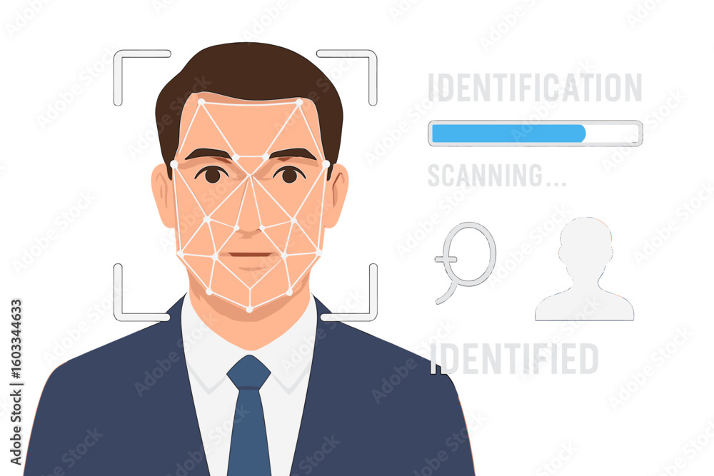Poster face id recognition system. man head with biometric facial scanning for personal identification. per