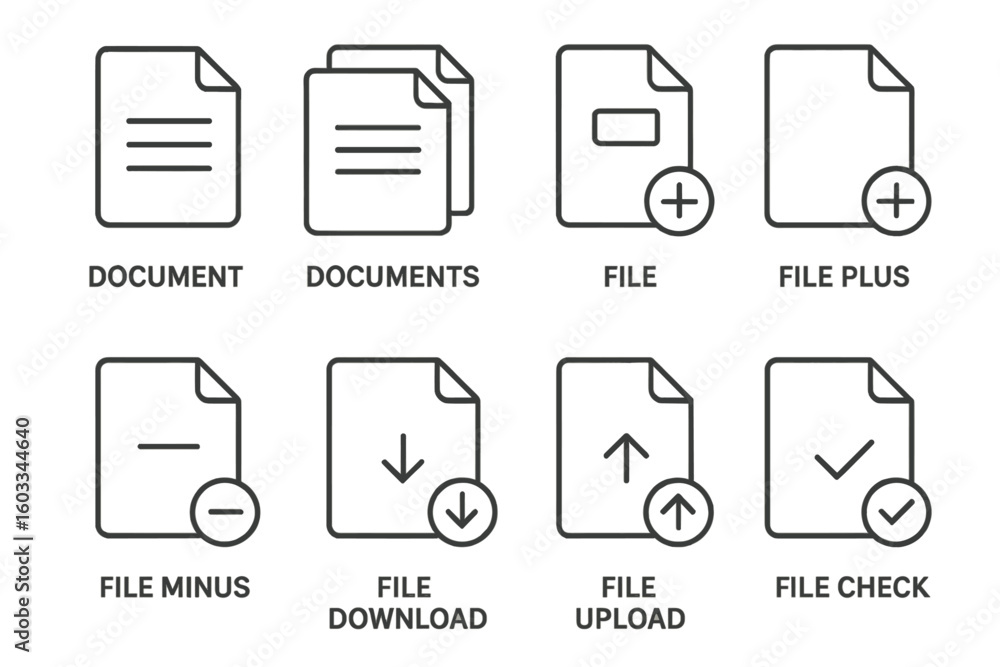 Poster document and file line icon set. vector outline pictograms for web and mobile app. add, remove, down