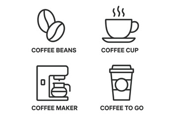 Coffee icon set. Linear icons for coffee beans, cup, maker, to go. Simple outline pictograms for cafe menu, web, and app. Vector graphic symbol collection. Editable stroke.