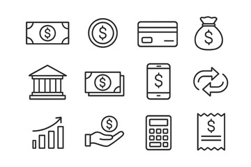 Finance and money thin line icon set with editable stroke. Business and payment outline pictograms. Includes bank, credit card, mobile banking, investment, and profit symbols.