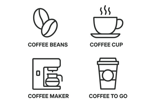 Coffee icon set. Linear icons for coffee beans, cup, maker, to go. Simple outline pictograms for cafe menu, web, and app. Vector graphic symbol collection. Editable stroke.