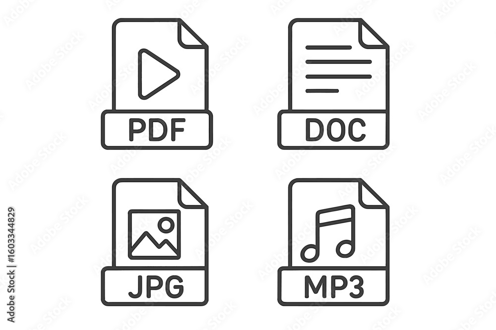 Fototapete Minimalist Vector Line File Type Icons Set PDF DOC JPG MP3 Document Image Audio Graphic Resources for Web App UI UX. Editable Stroke. Outline Symbol Collection for Digital Media Software