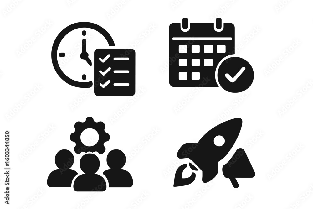 Poster business icons for web and mobile app. project management symbols including teamwork, startup launch