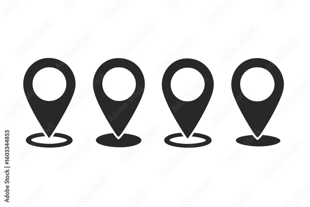 Poster pin location icons collection. set of four black map pointers. vector graphic marker symbol for gps 