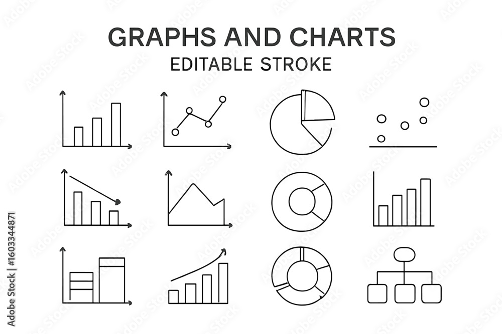 Poster graphs and charts line icon set. data visualization elements. business analytics symbols. finance re