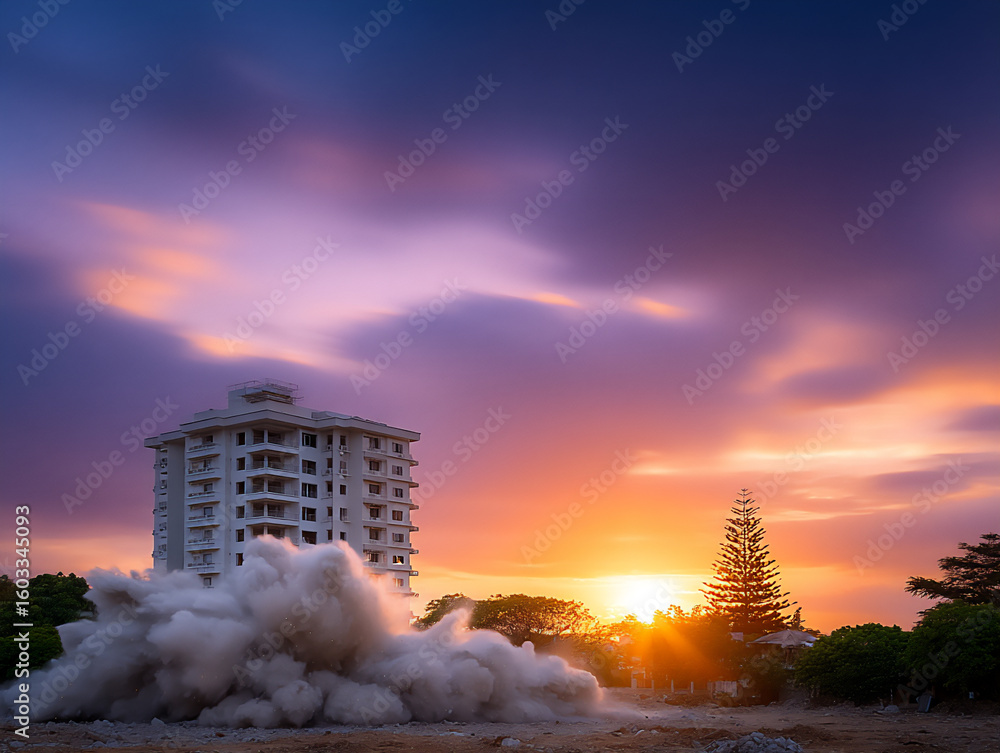 Poster a building imploding in a spectacular and controlled demolition, epic fail for the building,