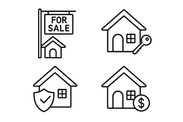 Real estate icon set. Line art. Home sale, purchase. Property insurance, security. House mortgage, finance, investment. Realty symbols for web and mobile app design vector.