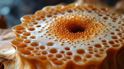 Macro shot of brown resin with airy bubbles and textured surface close up