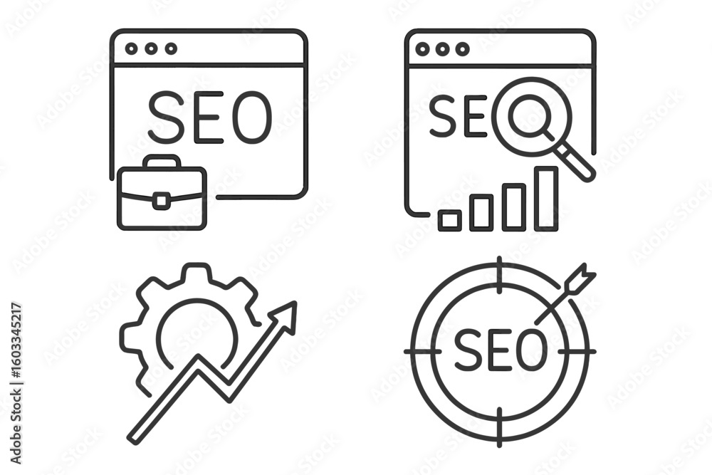Poster seo optimization icon set in thin line style. search engine optimization concept for digital marketi