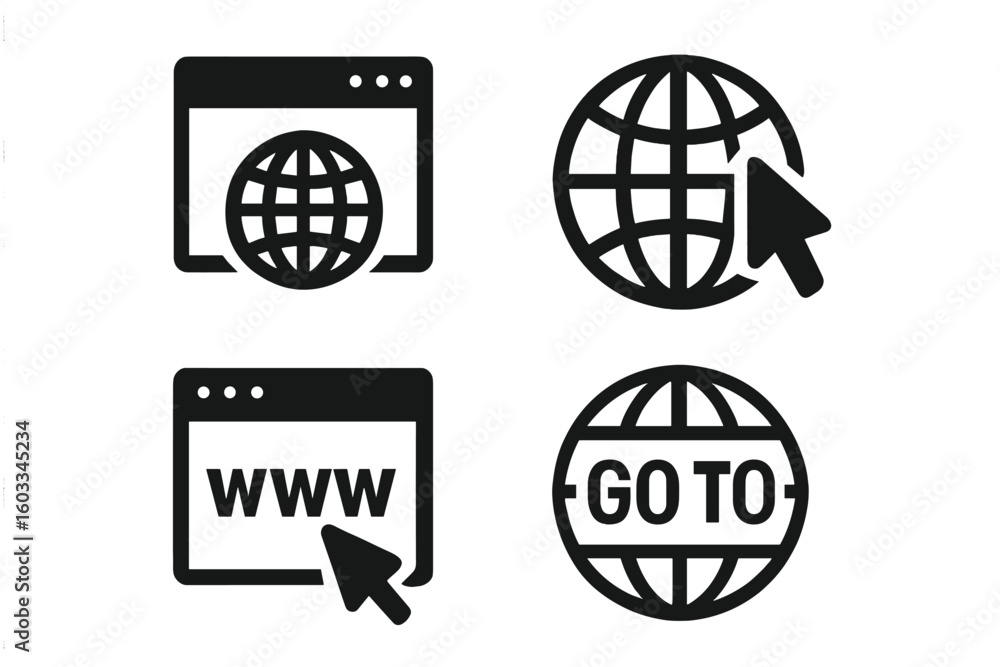 Poster internet icon set. go to web symbol collection. website www url address line icons. browser, globe, 