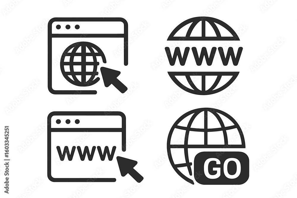 Poster web internet icon set. go to web page symbol. browser and website address pictogram. world wide web 