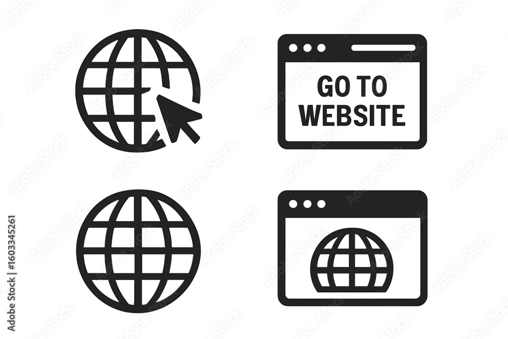 Poster website and internet icon set. go to web page symbol. globe, browser, and cursor icons for www conne