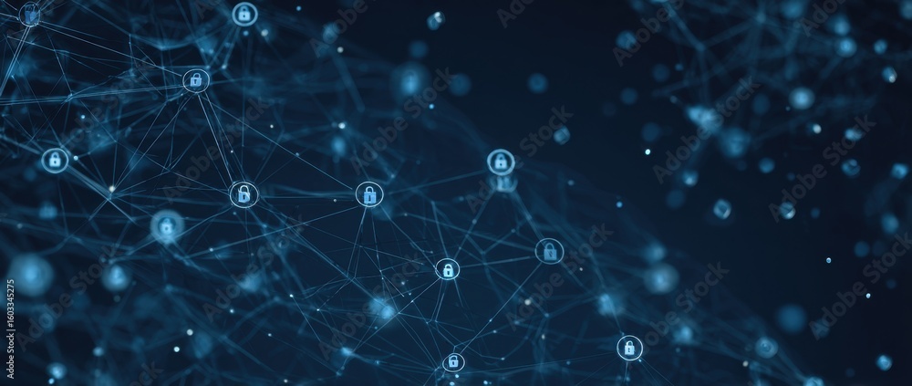 Poster a digital illustration of interconnected nodes with security symbols, representing network protectio