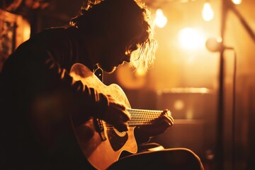 Guitarist playing acoustic guitar during a concert under warm stage lights, creating a moody and intimate atmosphere