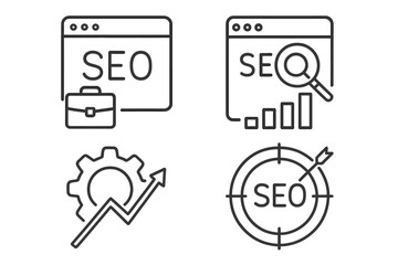 SEO optimization icon set in thin line style. Search engine optimization concept for digital marketing, business traffic growth, web analysis, and targeted advertising strategy.