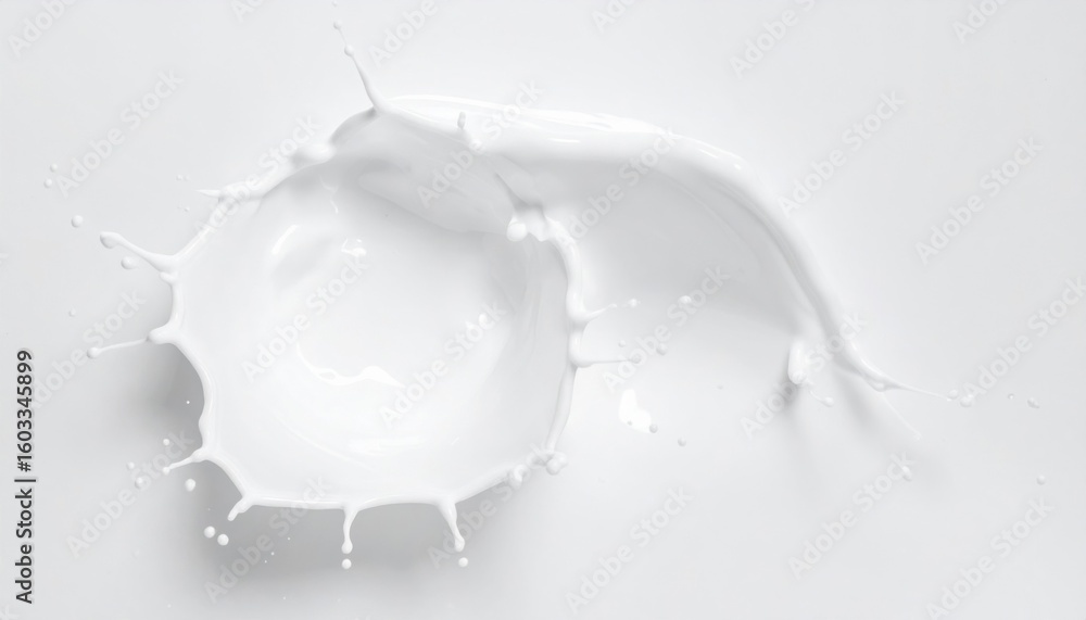 Aufkleber Aerial View of White Milk Splash Creating Circular Forms on White Surface