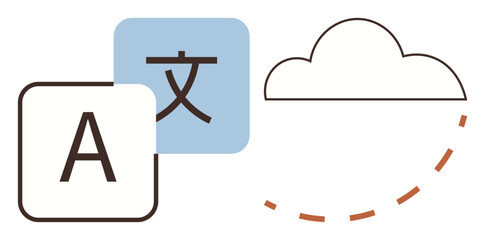 Alphabet A and language character on tiles with a stylized cloud and dotted connection. Ideal for language, translation, communication, localization, cloud technology, global network, educationsimple