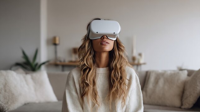 Young woman experiencing virtual reality with vr headset in modern home setting