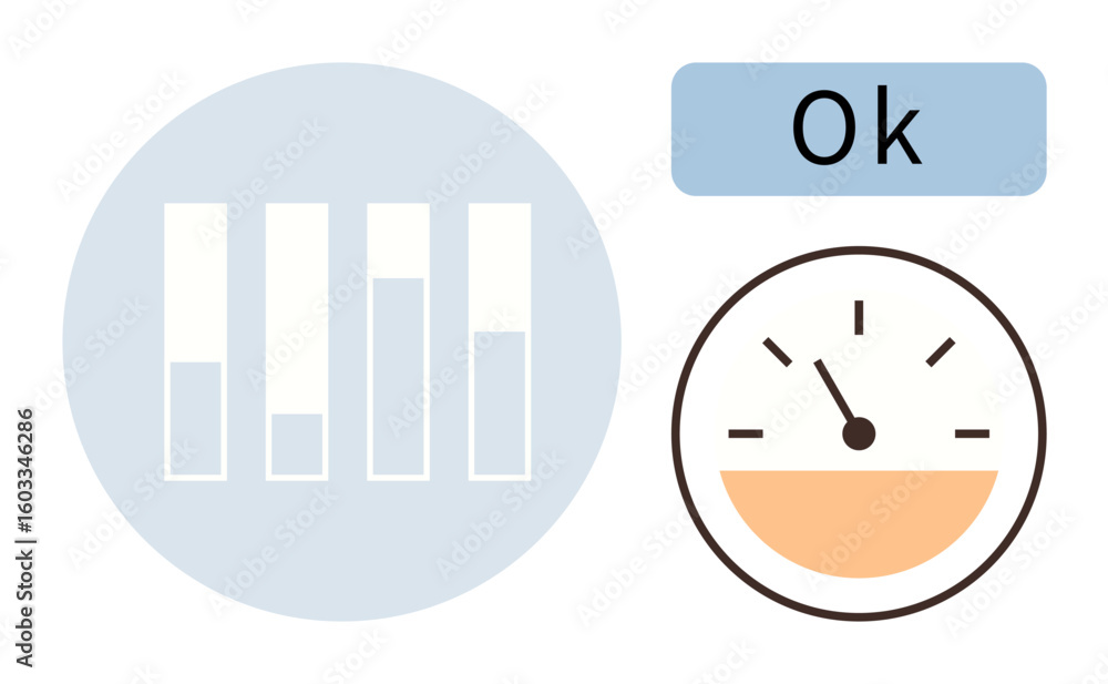 Poster vertical progress bars and speedometer gauge with ok label indicating metrics, data tracking, and pe