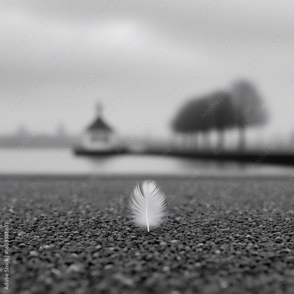Poster a single, fragile white feather falling slowly through a hazy grey atmosphere
