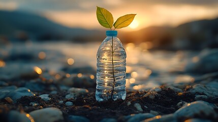 Plant growing from a plastic bottle representing recycling and environmental sustainability image