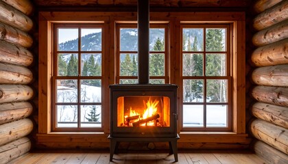 Cozy log cabin room with a wood stove and a view