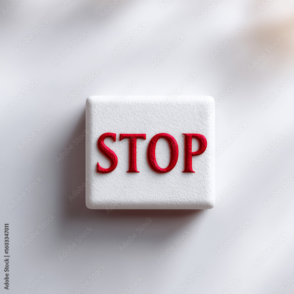 Poster the word stop in bold red sans-serif font centered on a solid white background