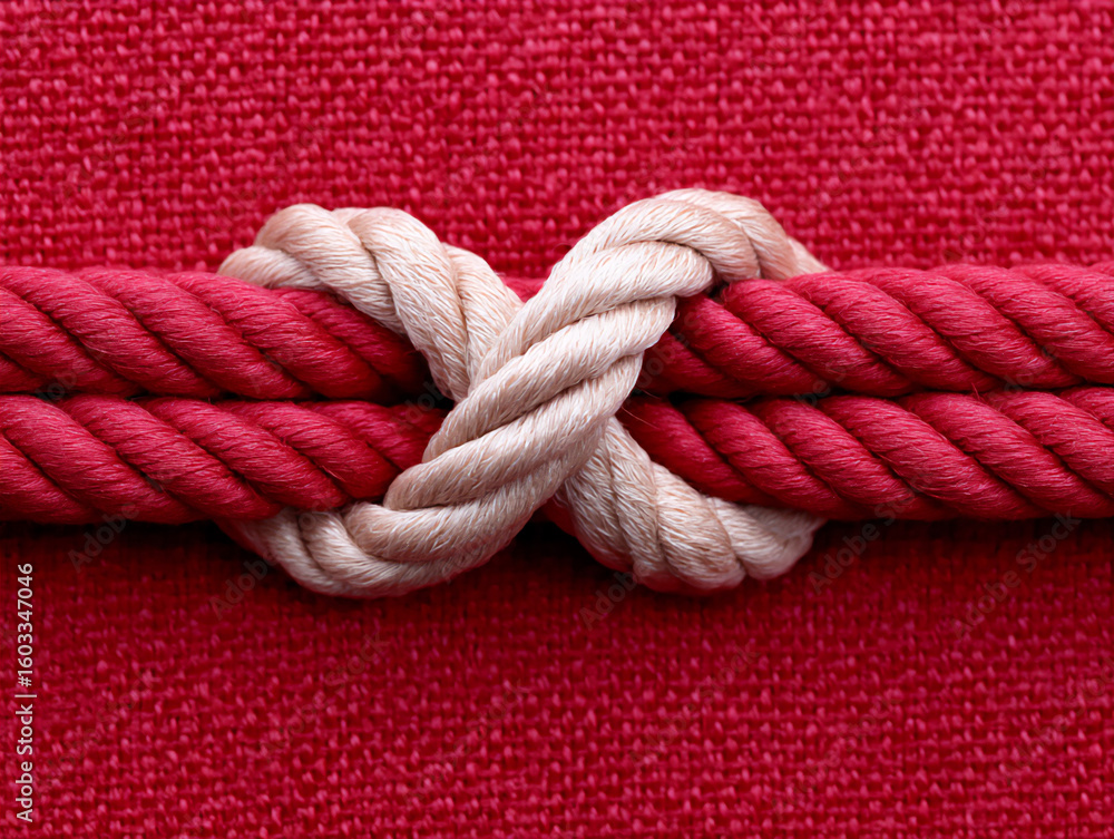Poster two intertwined red threads gradually merging into a single, unified form, representing love,