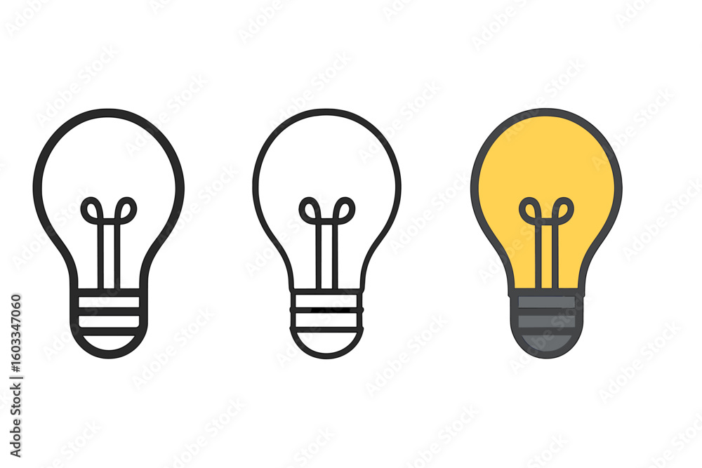 Poster light bulb icon set in different styles. vector graphic of line art, outline and flat design symbols