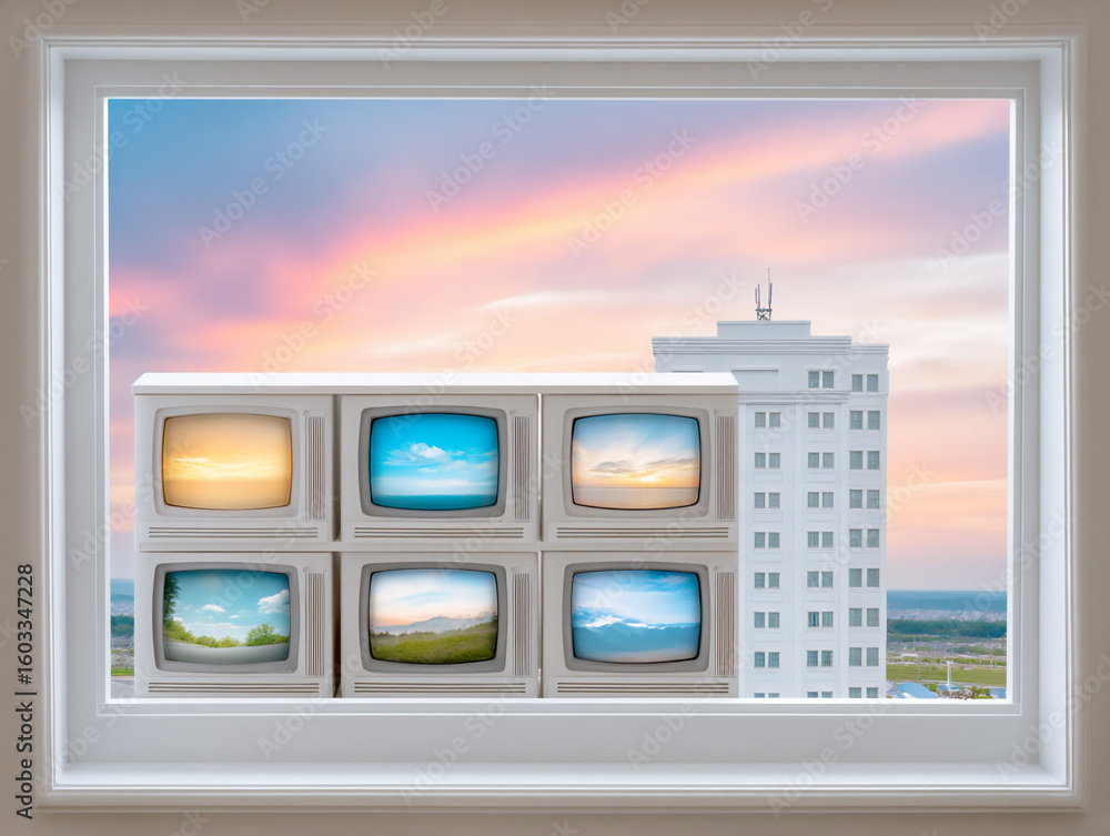 Poster a portrait of a building with windows that are actually television screens showing different scenes