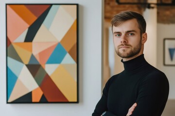 Portrait of a young male artist posing in his studio with arms crossed next to his abstract painting, looking confident and proud of his work