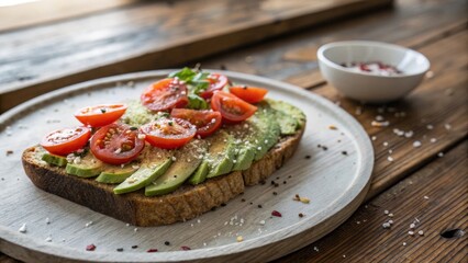 Fresh Avocado Toast with Sliced Tomatoes and Herbs on Wooden Table