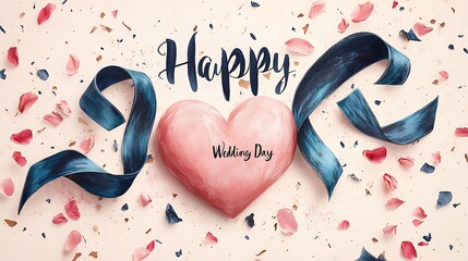 Romantic wedding day illustration featuring heart shape ribbons and decorative petals