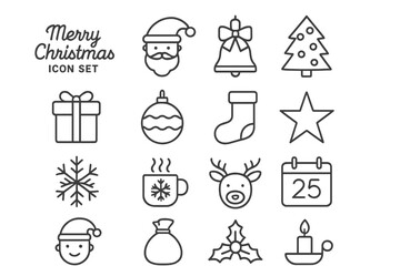 Merry Christmas line icon set. Xmas outline symbols collection with editable stroke. Winter holiday vector illustration. Santa, reindeer, tree, gift, snowflake icons.