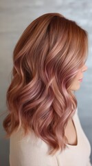 Naklejka premium Side view of wavy pink-gold metallic hair on woman in neutral outfit