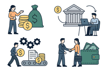 Set of business finance concept illustrations. Scenes with money management, banking, workflow process, and successful deal handshake. Investment, payment, and teamwork vectors.