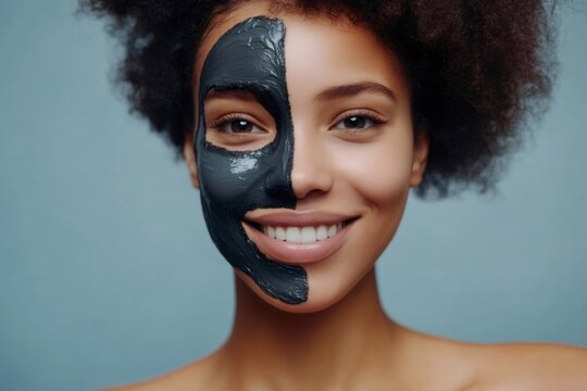 Beauty portrait of an african american woman with a charcoal face mask, half of her face covered, smiling and showing perfect white teeth - Powered by Adobe