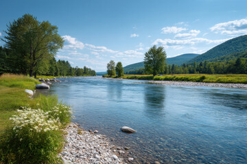 Naklejka premium breathtaking summer landscape featuring pristine river crossing in vermont