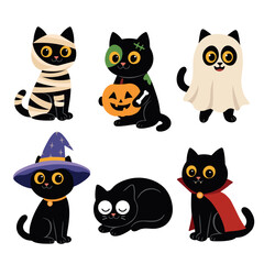 Set of cute black cats in Halloween costumes: mummy, ghost, witch, vampire, zombie, sleeping. Fun cartoon style vector for kids, autumn holidays, party decor, stickers, cards, and prints