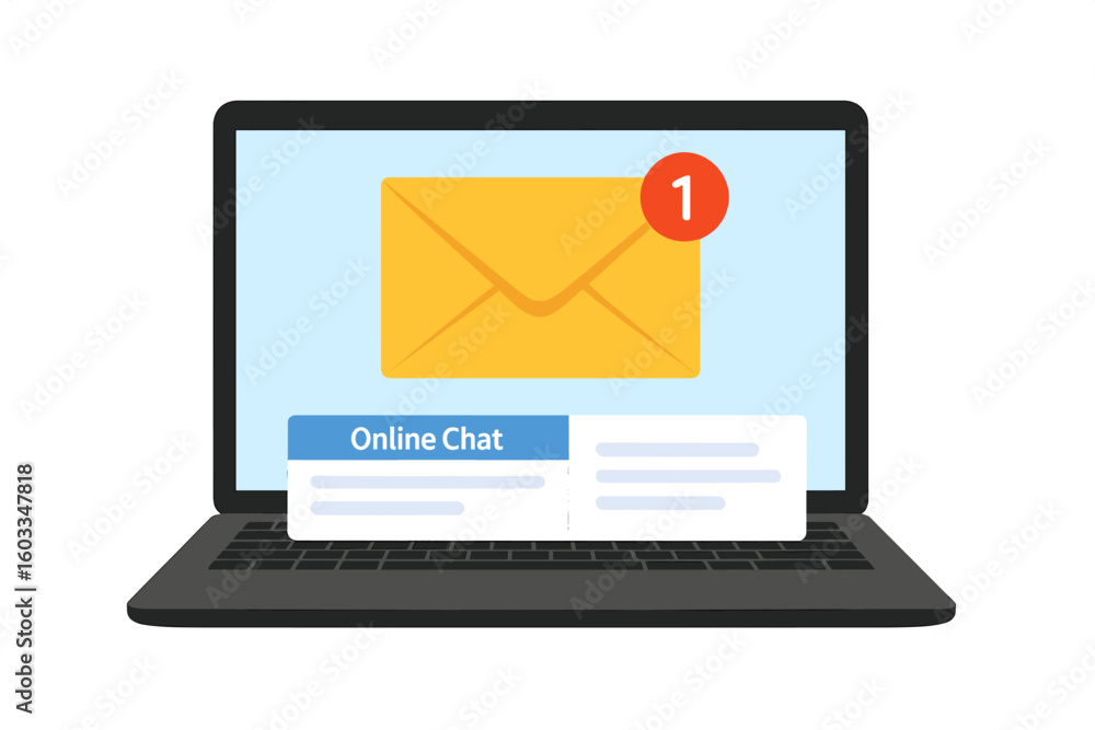 Poster new message notification on laptop screen. unread e-mail in inbox concept. online chat bubble icon. 