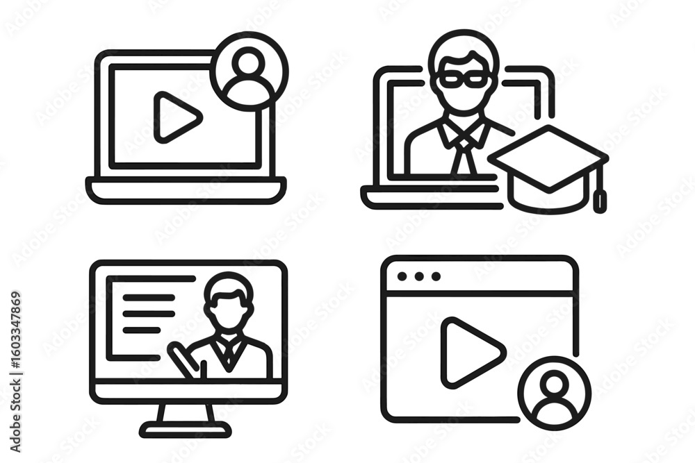 Fototapete online education and distance learning line icon set. e-learning video tutorial, online lecture, rem