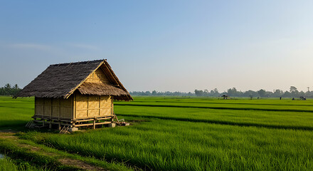 Serene Sunrise over Lush Rice Terraces with Traditional Hut