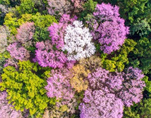 Fototapeta premium Aerial View of Multicolored Treetops Displaying Vivid Greens Pinks and Whites