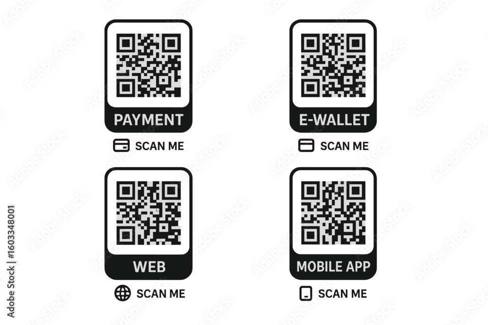 Aufkleber qr code icon set for digital payment, e-wallet, web and mobile app access. scan me barcode symbol co