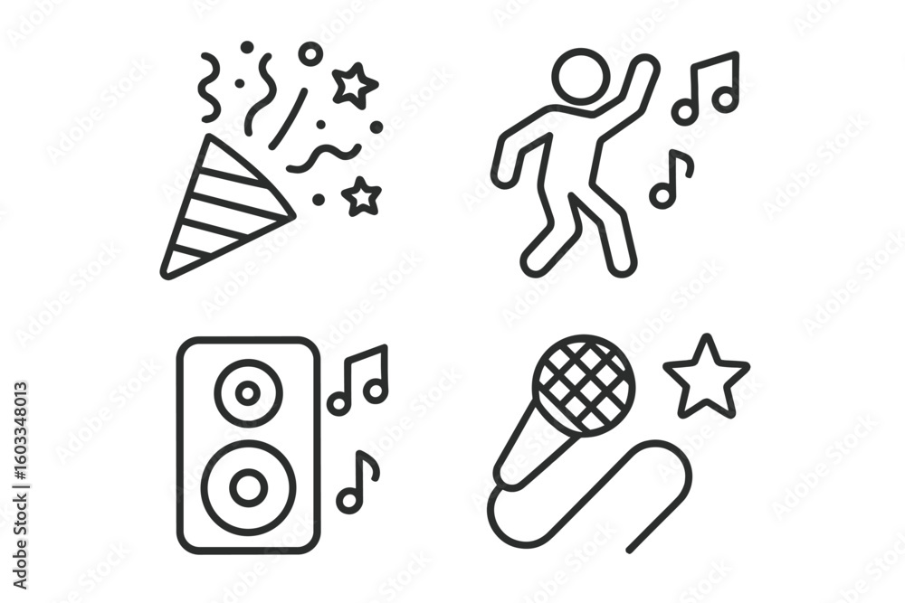 Poster party and celebration icon set in thin line style. vector graphic elements for web and mobile app de