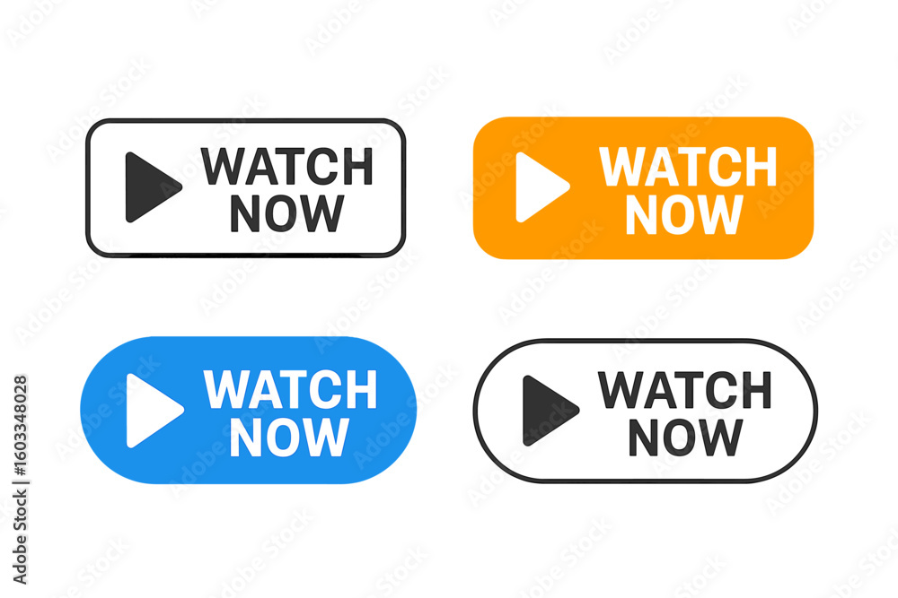 Poster Watch Now button set for web and mobile applications. Play video buttons collection in modern flat style. Vector UI call to action element for online streaming media.