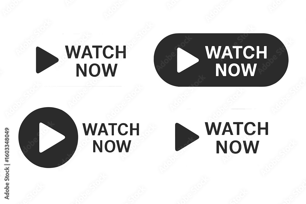 Poster watch now button set for web media. play video button icon collection in modern flat style. vector g