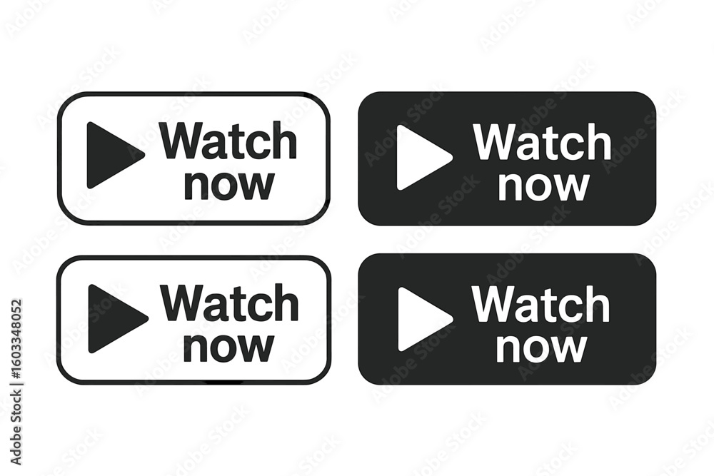 Poster set of watch now buttons for web design. play video icon collection in modern flat style. vector gra